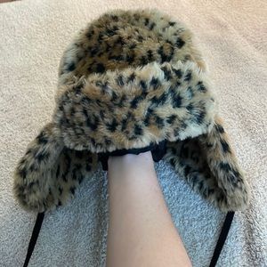 Faux fur leopard trapper hat